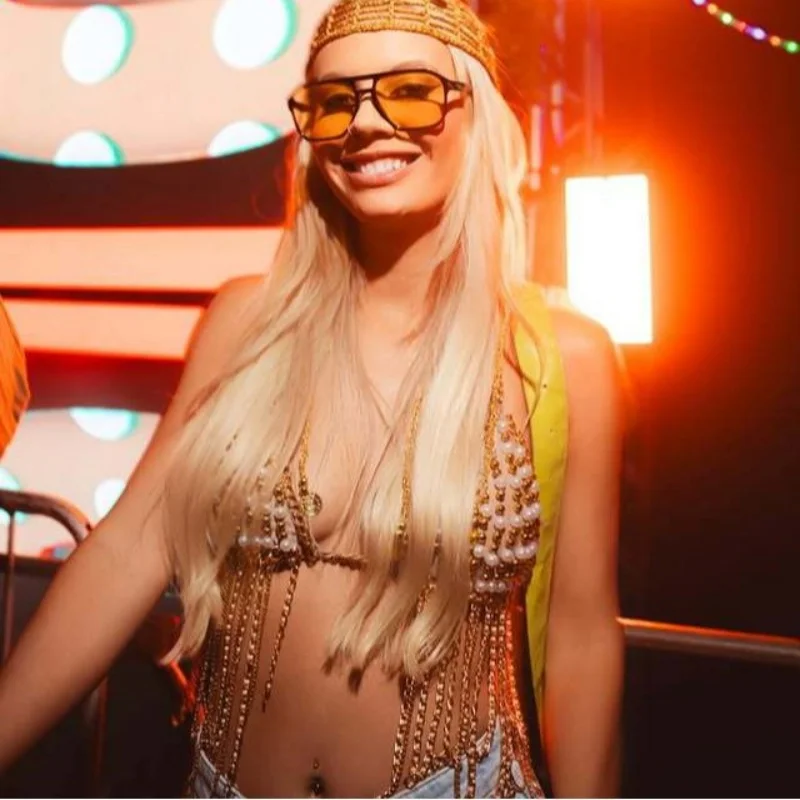 Goldene Perlenkette, Neckholder-Crop-Top für Damen, Quasten-Fransen-Body-Kette, rückenfreies, ärmelloses Camisole, Festival-, Party-, Club- und Strand-Oberteil – Detail 1