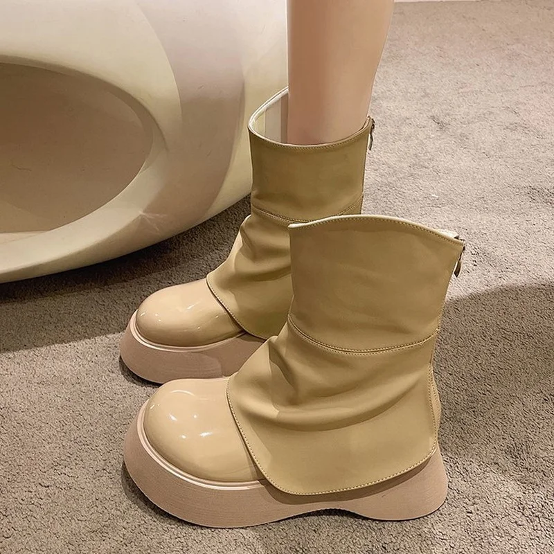 Autumn Winter Fashion Women & Girls Trouser Boots Fashion Female Patent Leather Shoes Thick-Soled Boot Sports Casual Size 35-40