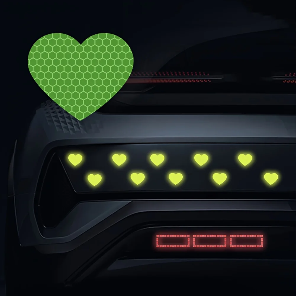 10PCS Heart Shape Reflective Car Stickers Waterproof for Auto Trunk Body Vehicle Night Warning Durable Vinyl Decals Decoration