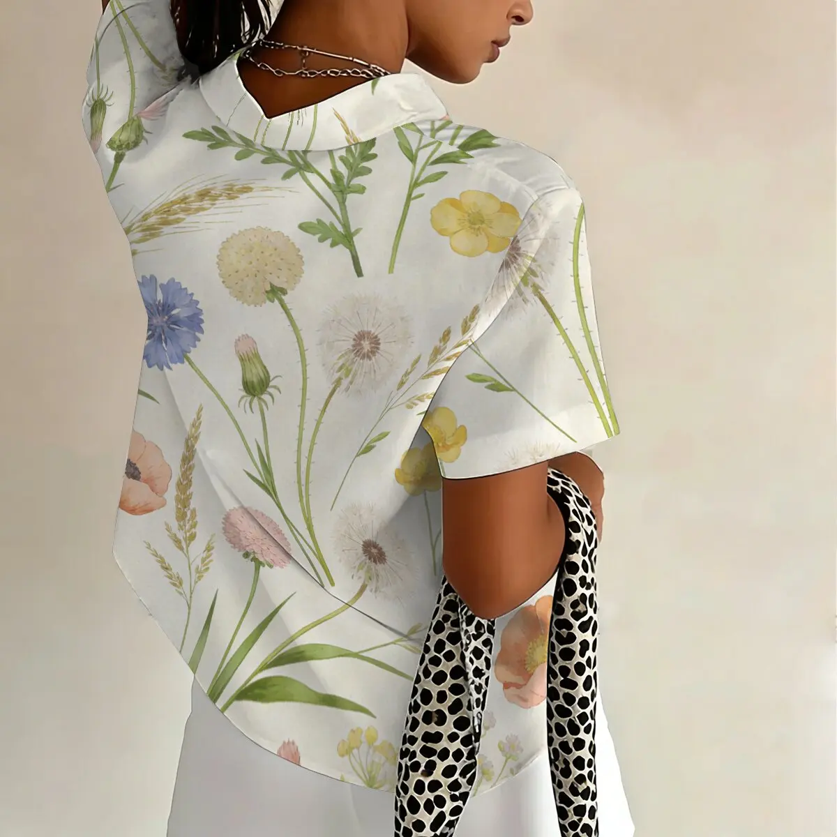 Plus-Size Women's Summer Short-Sleeve Shirt with Watercolor Botanical Print, Gentle and Healing, Ideal for Dates Outings view 4