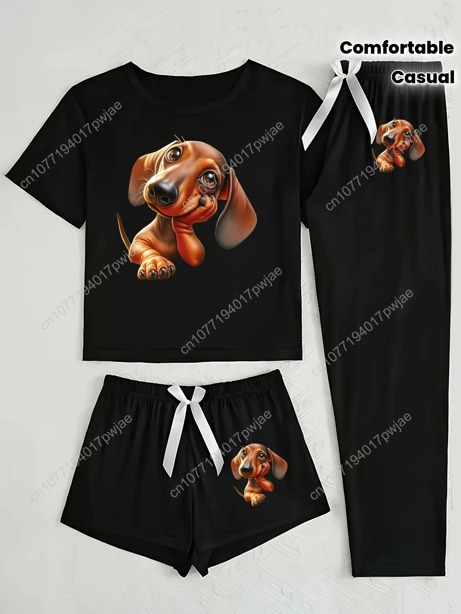 

Adorable Dachshund Pattern Print Black Casual Comfortable Sleepwear Set for Women, Including a Three-Piece Outfit.