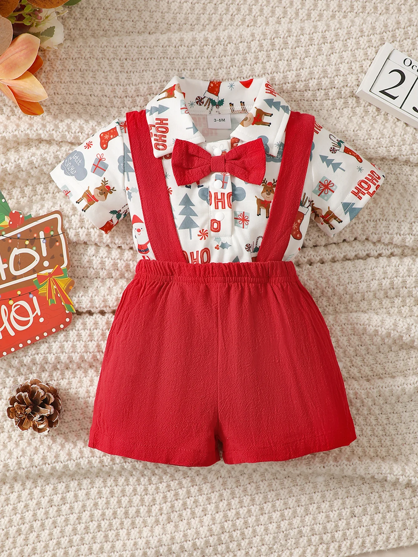 2pcsChildren\'s clothing Santa Claus Printed Short sleeved Bodysuit+Suspender Pants 0-12 Months Male baby Christmas Gentleman Set