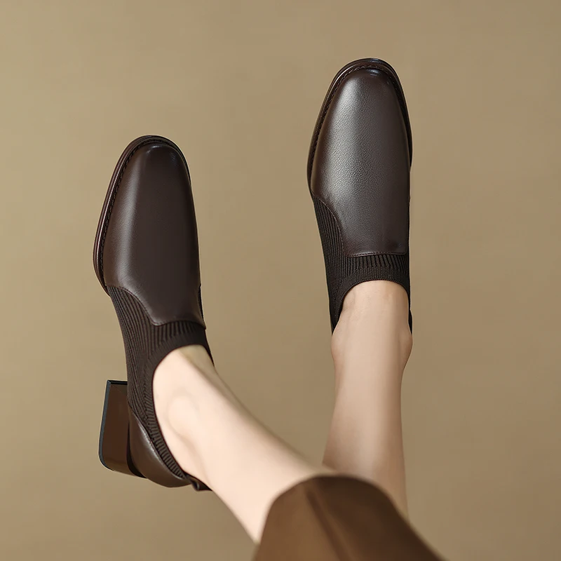 2023 New Genuine Leather Top Quality Sheepskin Shoes Woman Spring Slip on Dress Black Round Toe Ladies Loafers High Heel Shoes