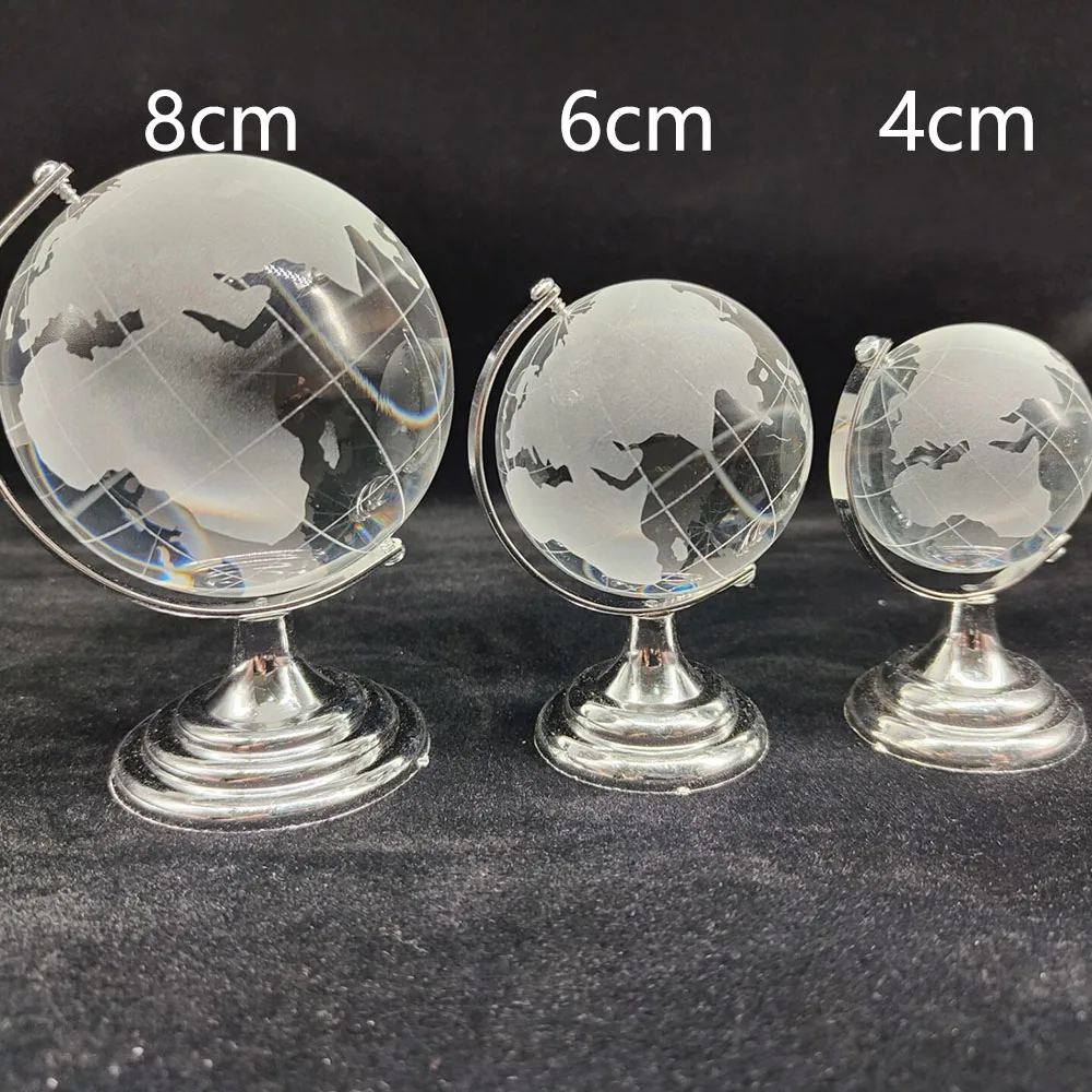 6/8cm Round Earth Globe World Map Crystal Glass Clear Ball Sphere Figurine With Metal Holder Home Decor Office Desktop Ornament