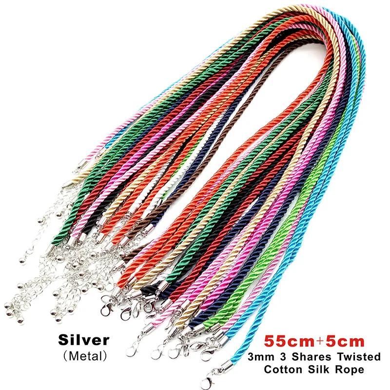 3pcs/lot 3mm 3 Strand Rope Chain Silk Cord Necklace Adjustable  Rope Neckalces Pendant Charms Findings Lobster Clasp String Cord