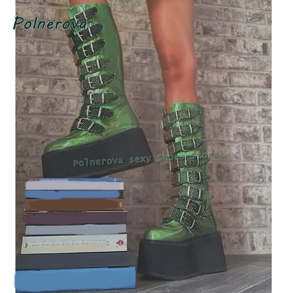 Metal Belt Buckle Platform Motorcycle Boots Round Toe Wedge Patchwork Punk Dark Y2K Knee High Boots Subculture Style 2025 Newest view 5