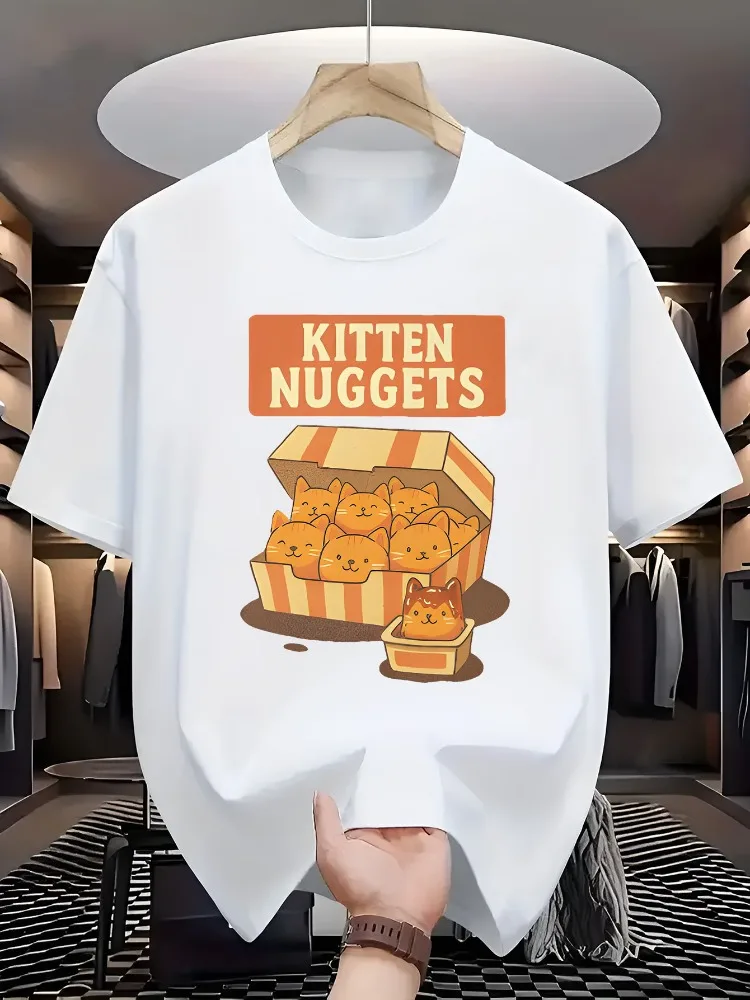 Men O Neck Short Sleeve Tee Cute Kitten Nuggets Cartoon Print Soft Cotton Loose Male Summer Funny Animal Daily Casual Basic Wear