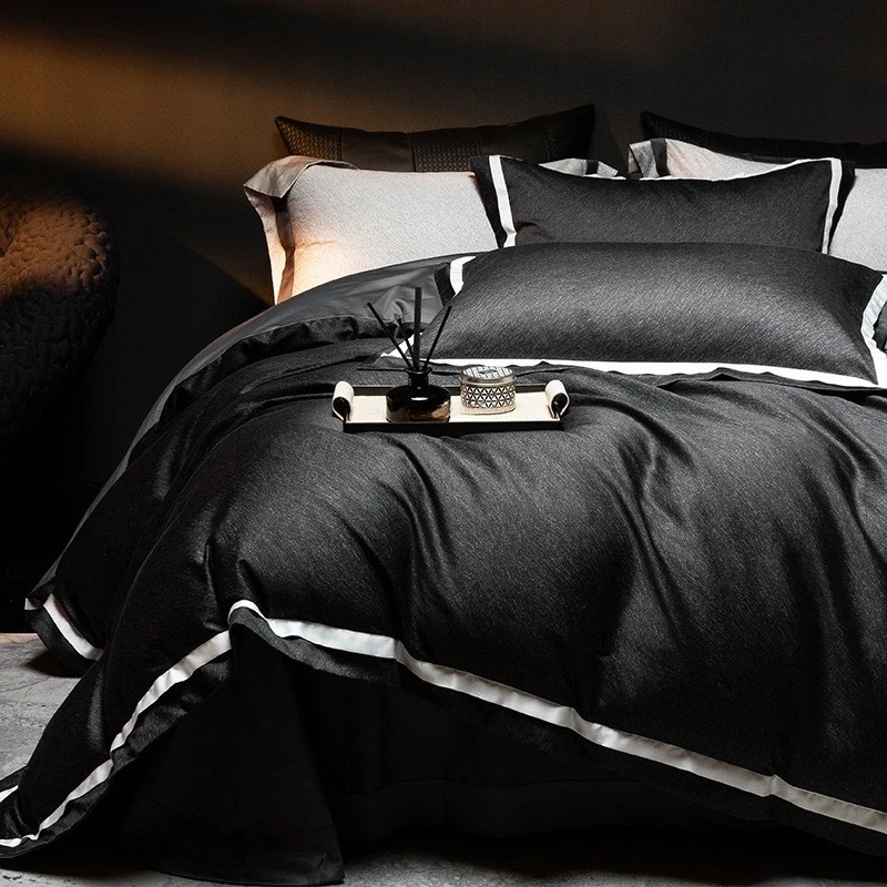 Satin long-staple cotton craft four-piece set cotton pure cotton light luxury black quilt cover bedding