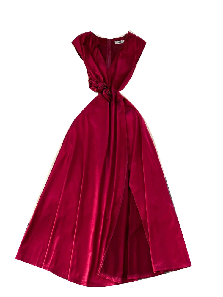 Ele Red Dr レディース ハイウエスト Vネック スベル 非対称ヘムライン ファイオナブルな花柄刺繍 通勤 スレ Dr