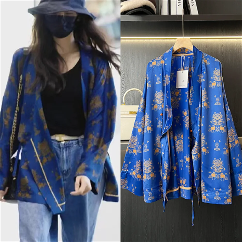 

Blue loose vintage printing autumn long-sleeved cardigan shirt jacket blazer feminino elegante