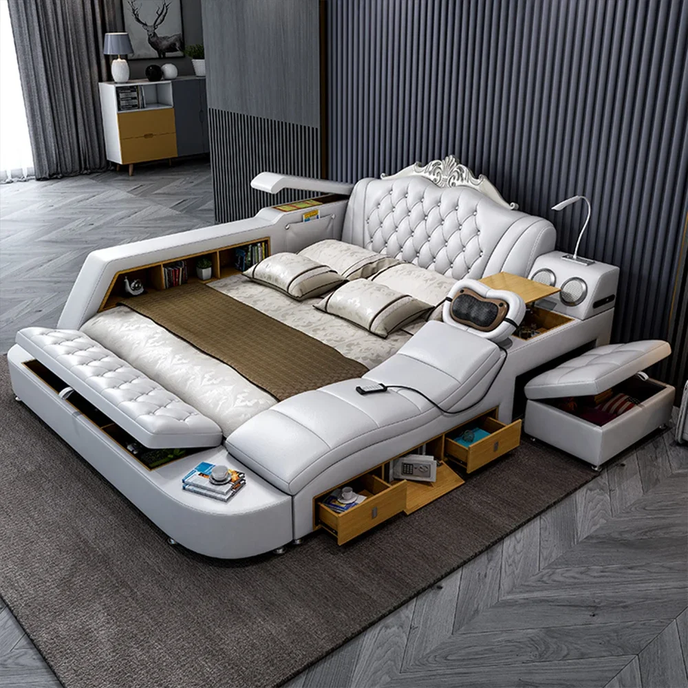 

MANBAS Ultimate Bed Frame Tech Smart Multifunctional Bed with Genuine Leather, Massage, USB, Bluetooth Speaker, Tatami & Safe