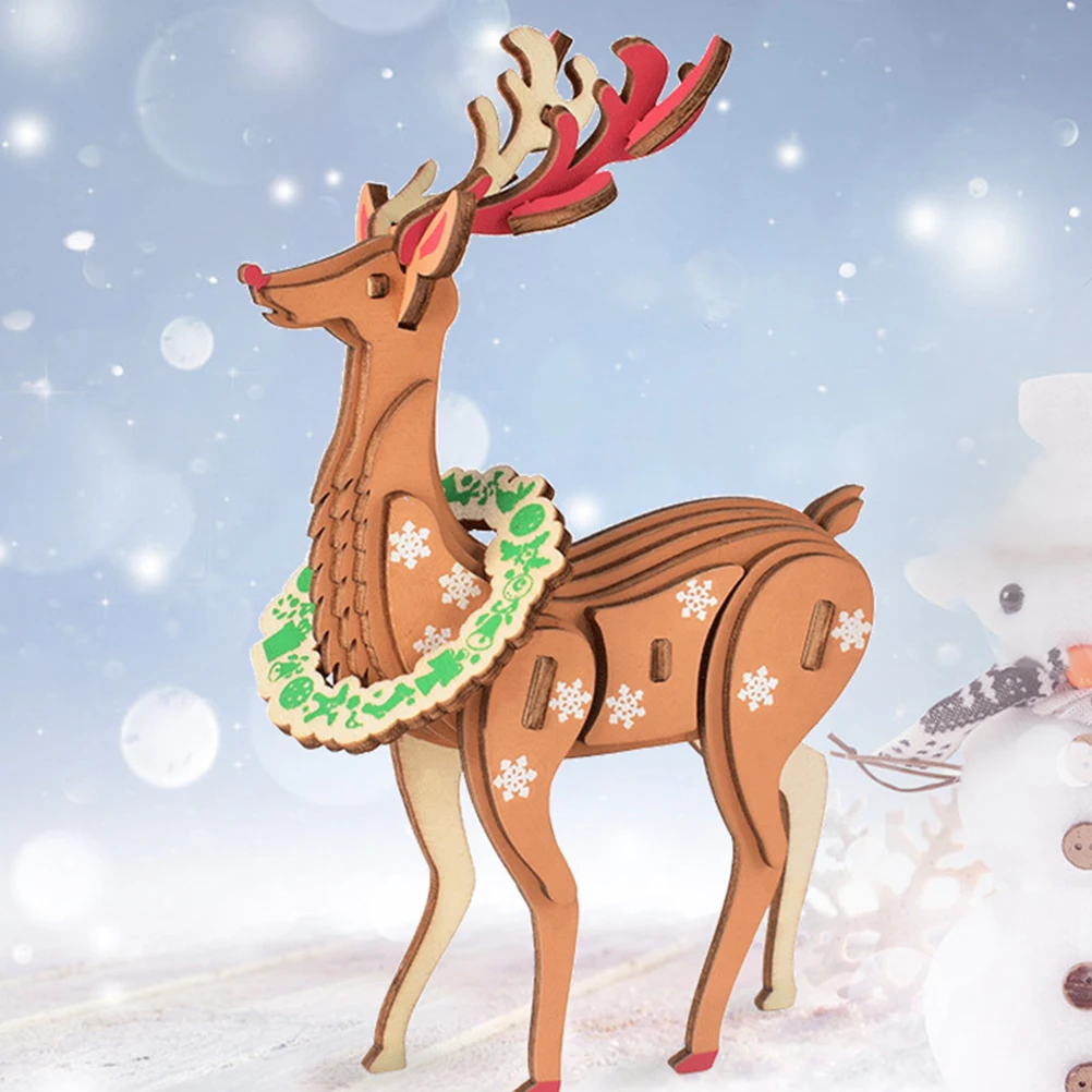 

Wooden Christmas Deer Puzzle Plaque Three-dimensional Houses Jigsaw Puzzles Cartoon 3d Toy