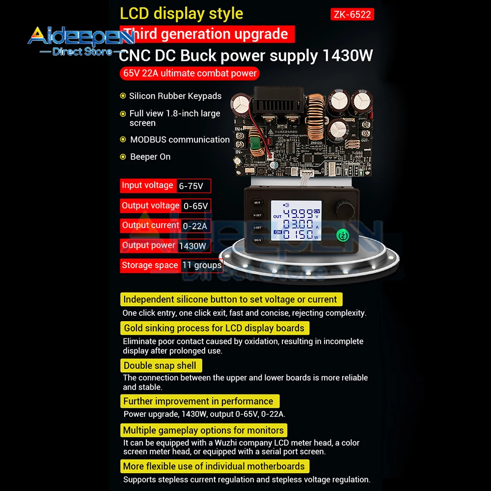 ZK-6522 22A/1400W CNC Adjustable DC Stabilized Voltage Power Supply Constant Voltage And Constant Current Step-down Module 6-75V