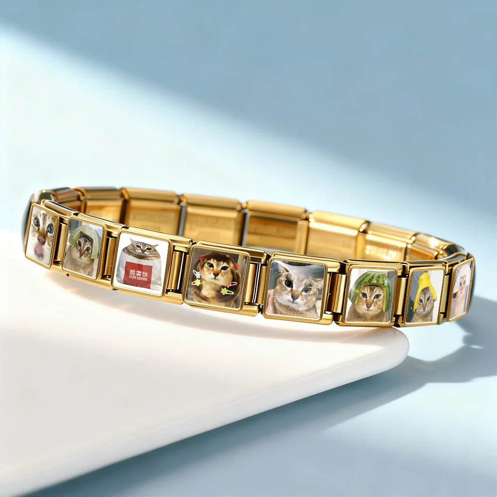 GEMOSA Trendiges, niedliches Mei Mei Katzen-Armband mit quadratischen Anhängern, passend für 9mm italienische Glieder, DIY Edelstahl-Schmuckherstellung, Originaldesign – Detail 1