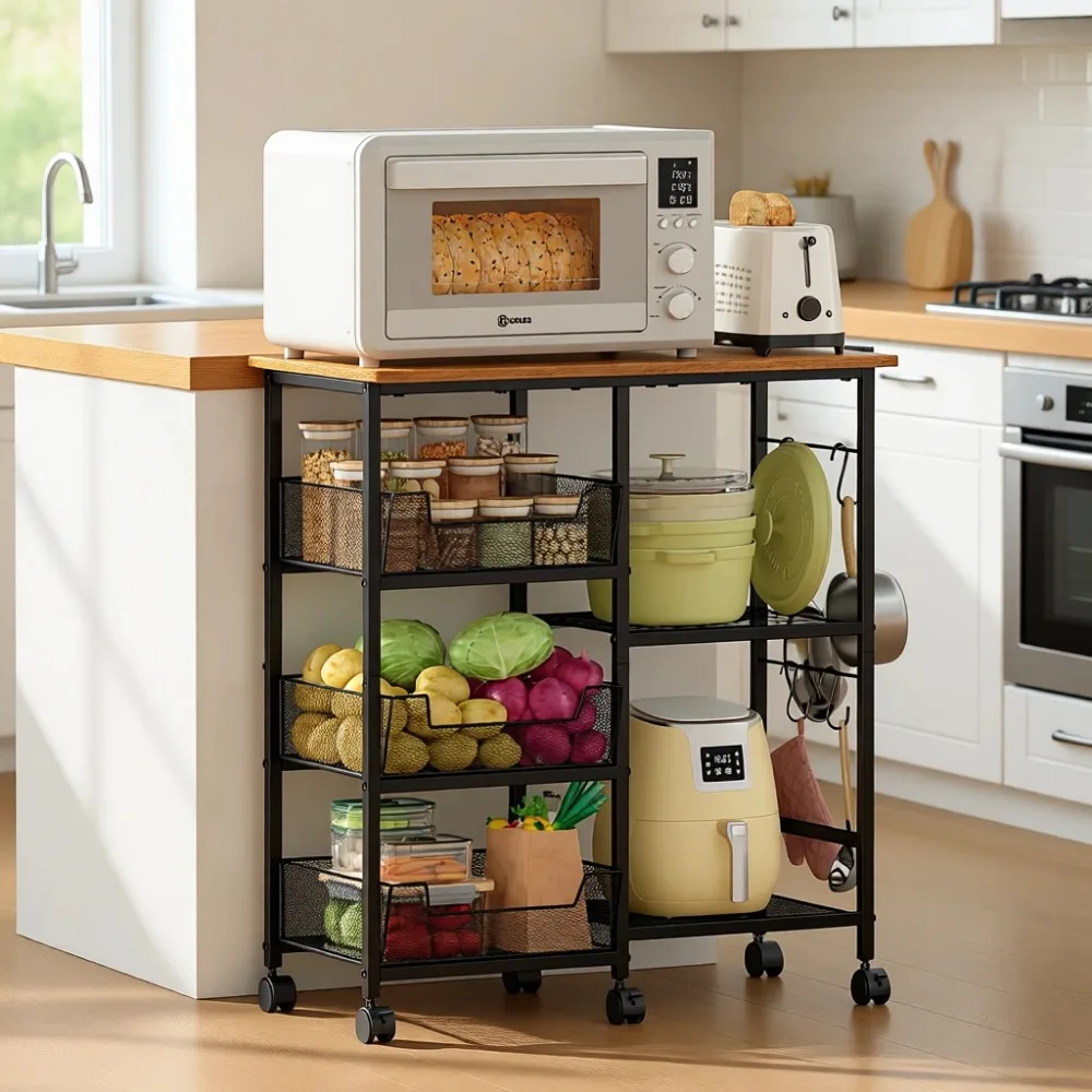 

Кухонная тележка на колесиках с регулируемой полкой и выдвижными корзинами на блокируемых колесах для кофейной зоны