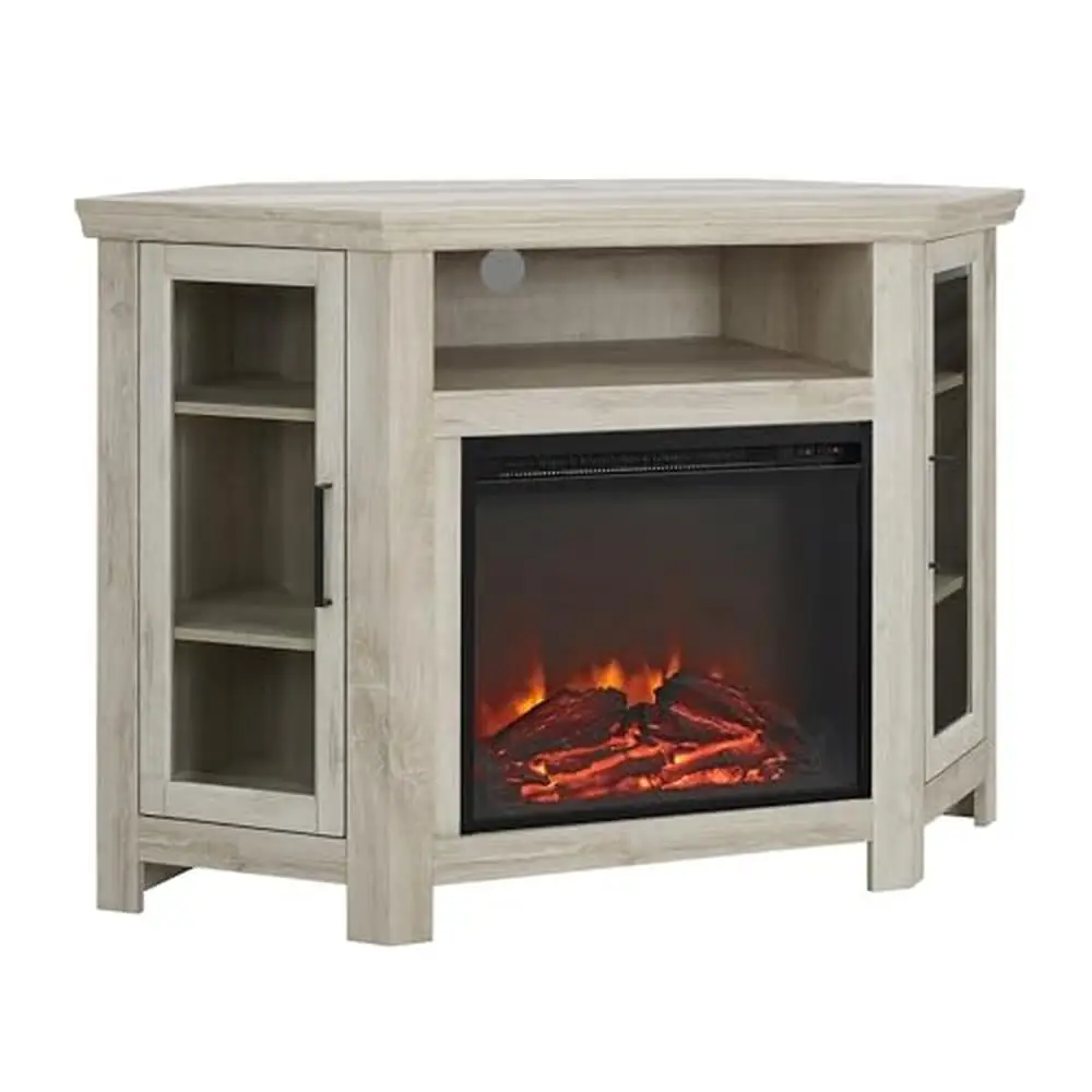 Classic Glass Door Fireplace Corner TV Stand TVs up to 55 Inches White Oak 48 Inch Tempered Safety Glass Adjustable Shelves Cord