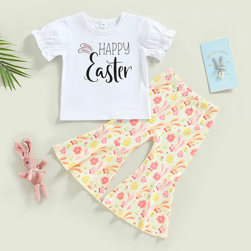 Roupas fofas de Páscoa para bebês meninas com estampa de coelho, top de manga curta e calças com babados com estampa floral, conjunto de 2 peças para crianças