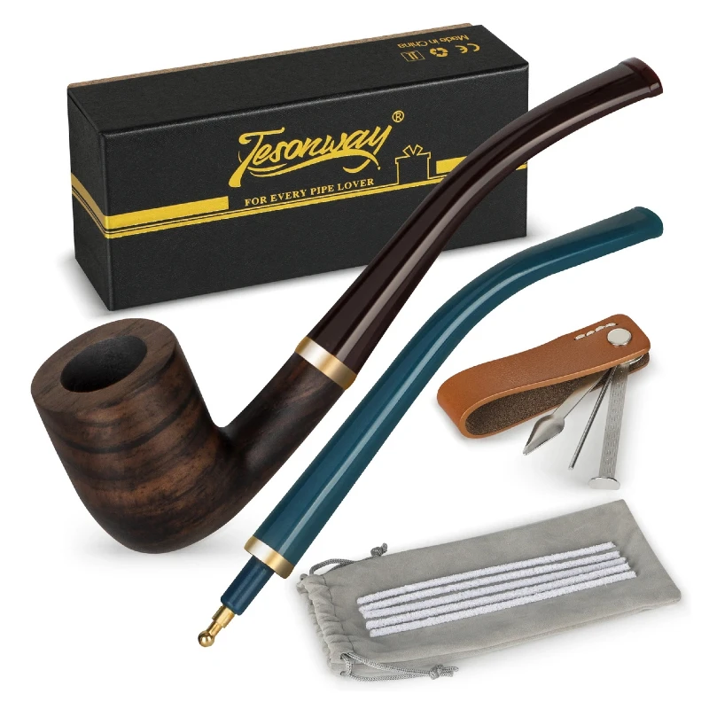 Ebony Wood Pipe Kit with Replaceable Long Pipe Stem, 4-in-1 Pipe Stand Holder, Smoking Pipe Gift Box, Handmade Smoking Pipe