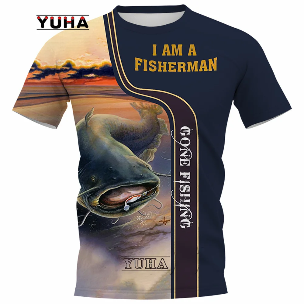 Camisetas de pesca totalmente impressas para homens e mulheres, camiseta de impressão 3D Catfish, tops casuais de manga curta, p