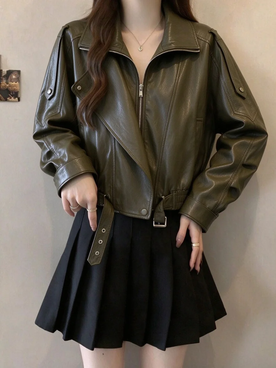 Cool Short PU Leather Jacket Women's Zipper Biker Style Street Fashion Warmth Straight Cut Shoulder Zipper Decorated Casual