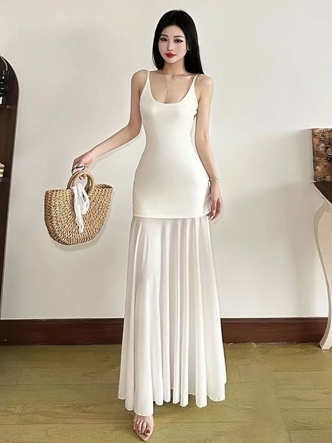 Mouwloze chiffon maxi-jurk voor dames in Franse stijl Mesh getrimd afslankend hemdje Lente zomer Vakantie-geïnspireerde zwierige jurk