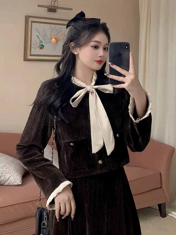 Lnsozkdg 2024 Autumn Winter New High Quality Skirt Suits Butterfly Bow Retro Elegant Long Sleeves Jacket + Skirt Two Piece Sets