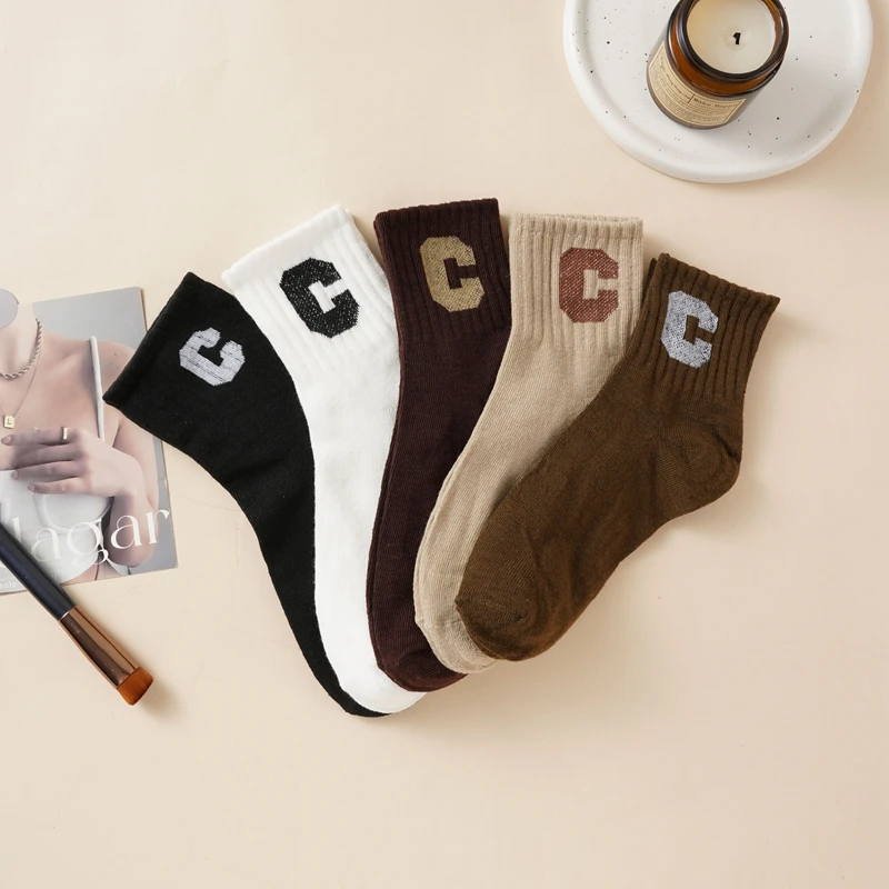 Korea Socks For Boy Girl Knitted Cotton Fashion Letter C Socks Fashion Casual Sports Sock Breathable Middle Tube Sox