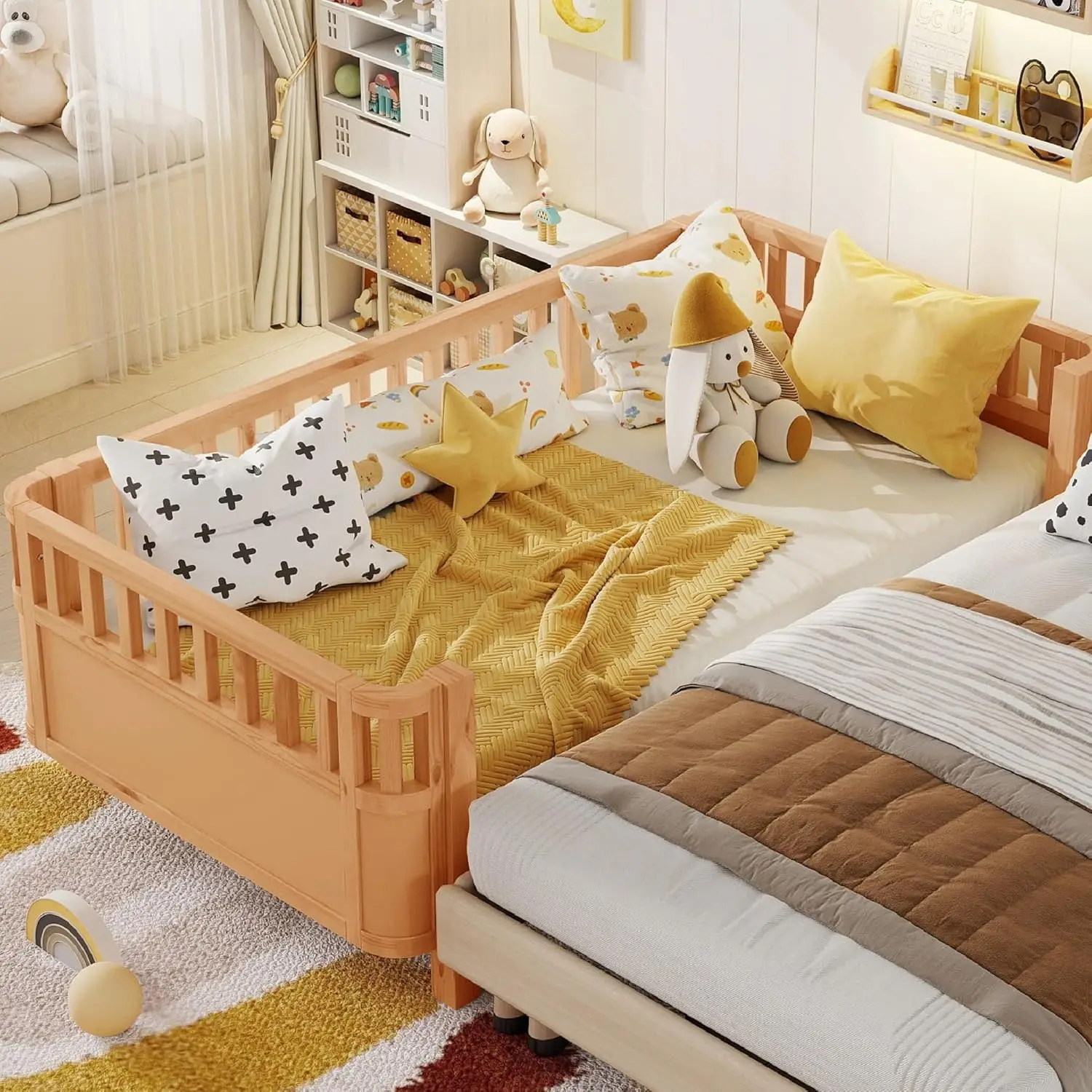 

Twin Size Wooden Floor Bed, Montessori Platform Bed Frame with Low Profile & Safety Rails, Space Saving Kids Beds for Bedroom