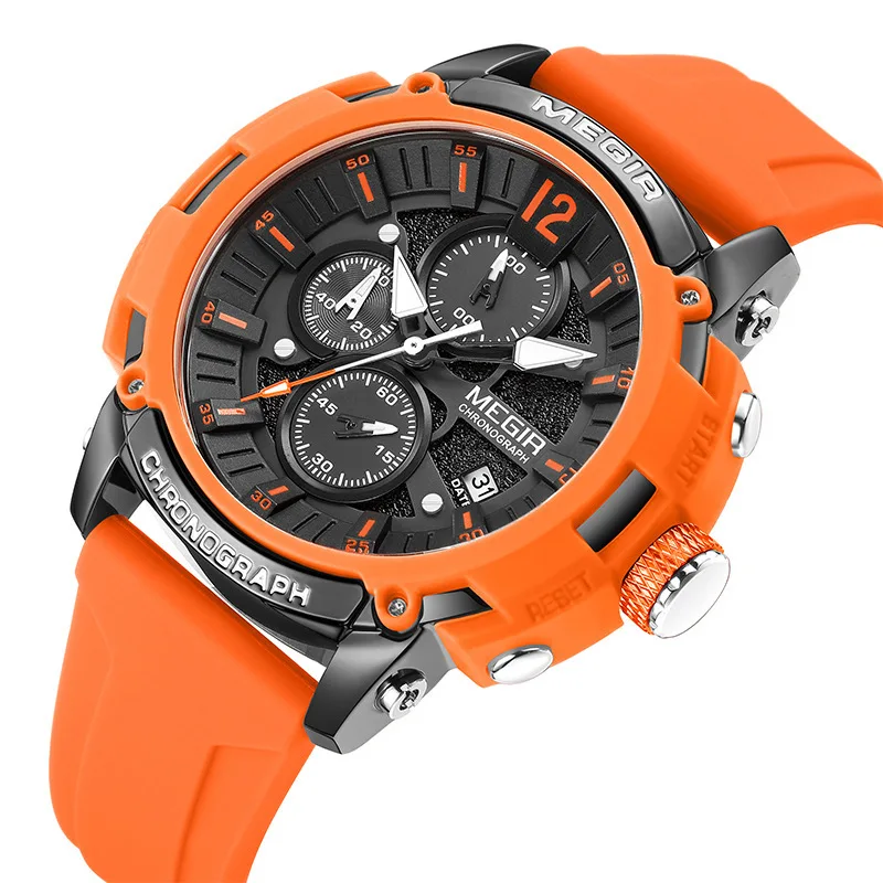 MEGIR 2208 Sport Factory Watches for Men Big Dieal Silicone Strap 3D Scale Waterproof Luminous Chronograph Quartz Wristwatch