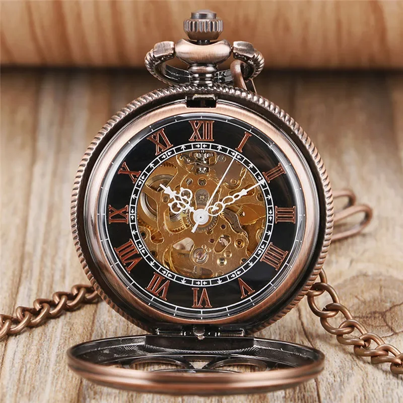 Red Copper Hollow Out Pumpkin Mens Womens Auto Mechanical Pocket Watches Roman Number Dial Pendant Chain Skeleton Clock Gift