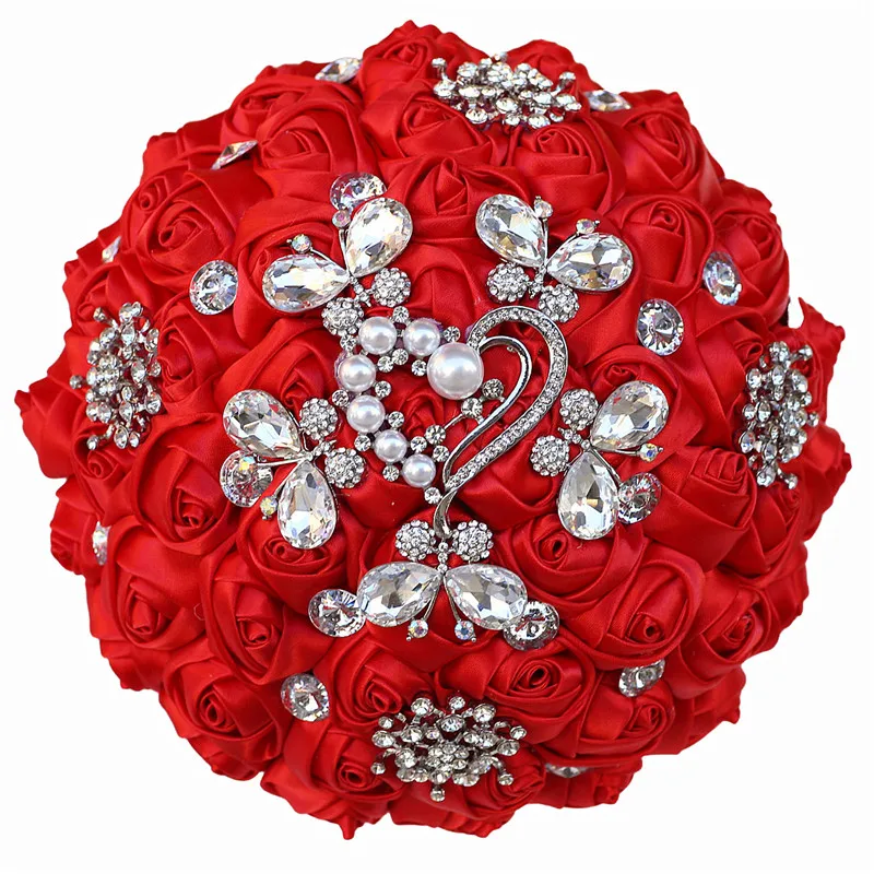 Ramo de boda rojo para novia y dama de honor, flor de sujeción de perlas de diamantes de imitación dorados, decoración de fiesta de boda, venta al por mayor, gran oferta