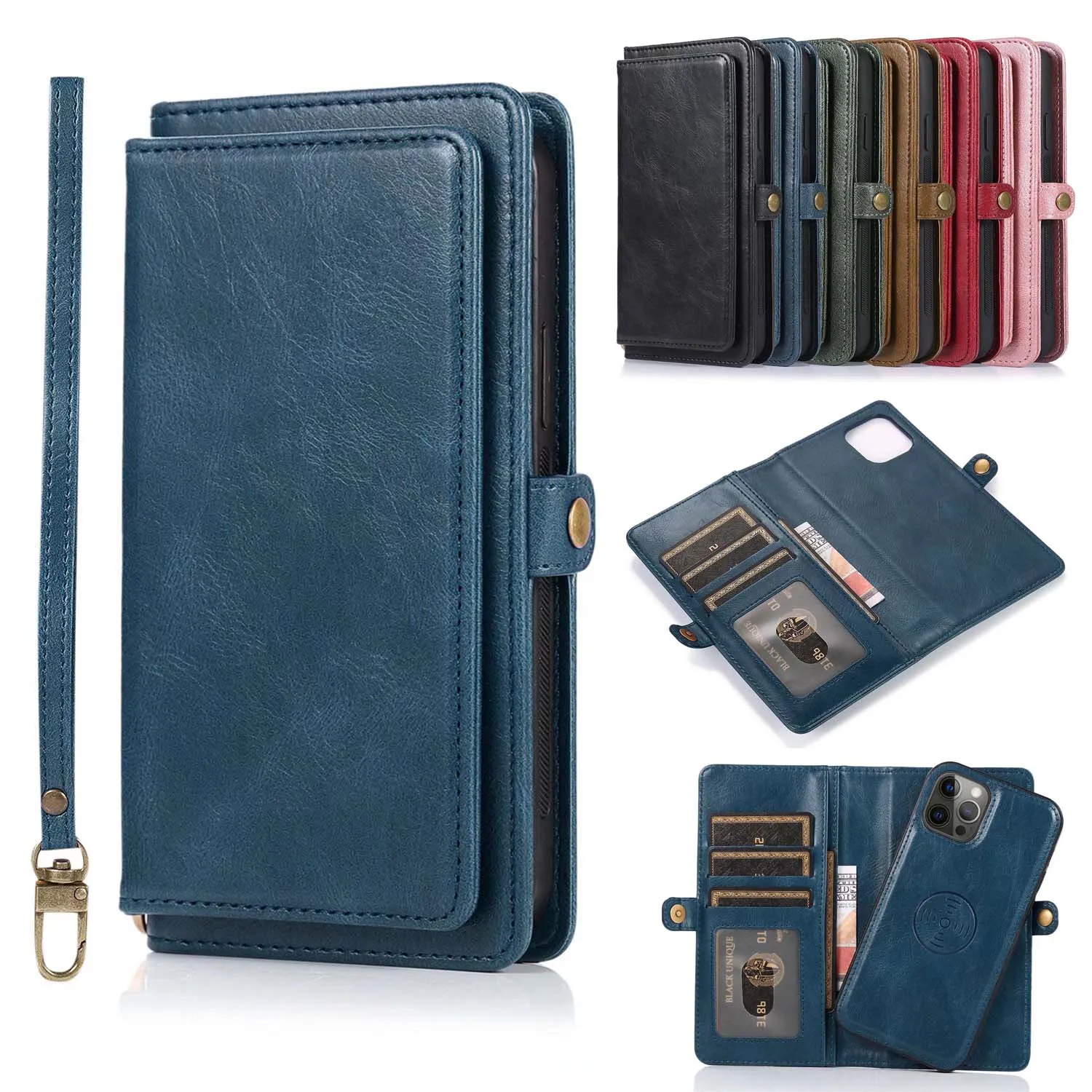

Detachable Wallet Multi Card Solt Leather Phone Case for iPhone 15 16 Pro Max 13 12 14 XR XS Max 16e Lanyard Purse Handbag Cover
