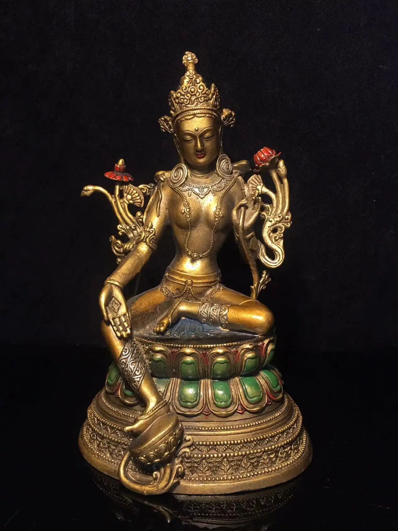 

Old Qing Dyansty Tibet copper Painted Green Tara Buddha statue