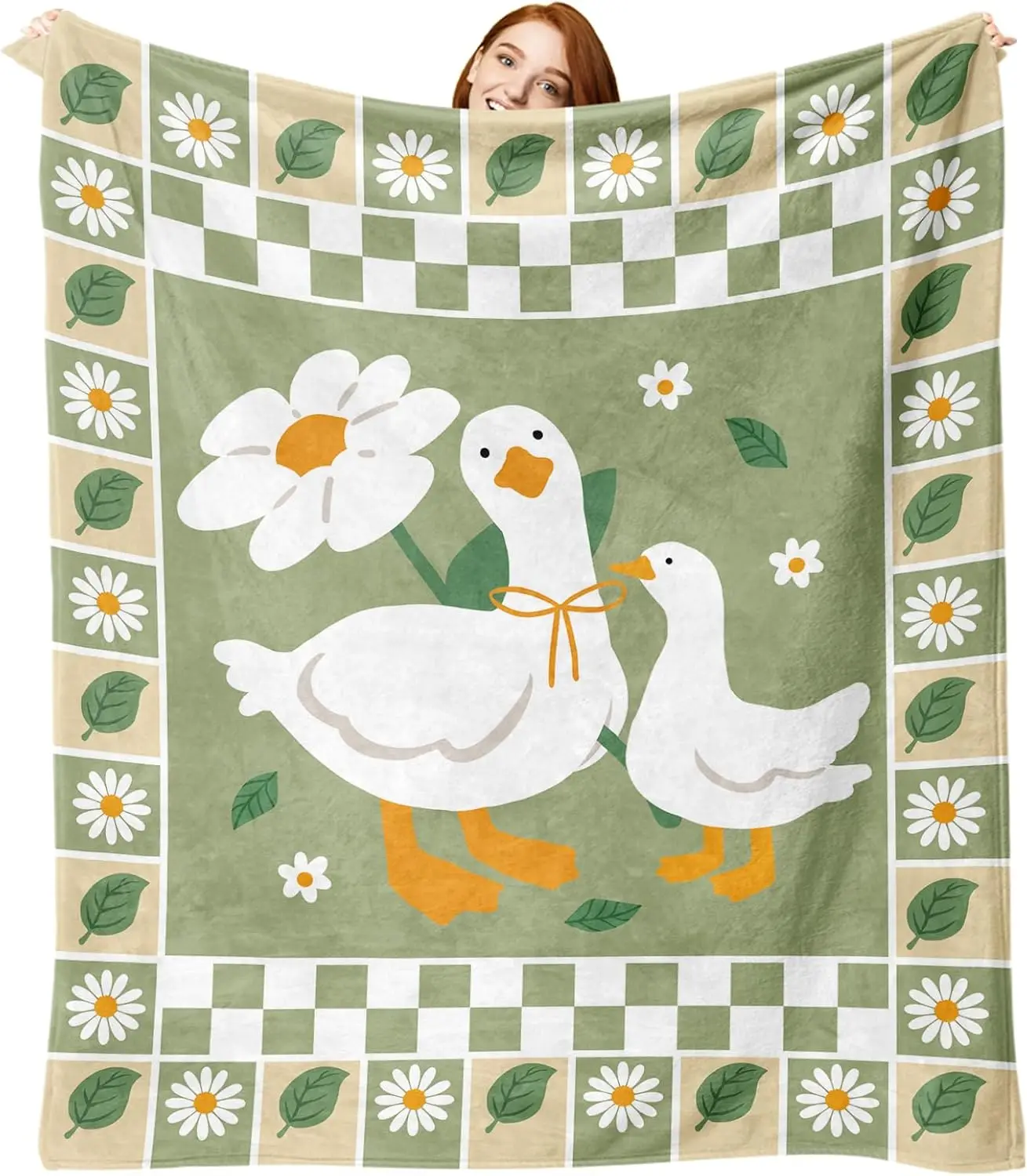 Funny Goose Daisy Flower Flannel Blanket Green Leaves Floral Checkered Farmhouse Soft Blankets for Bedding Craft Workspace