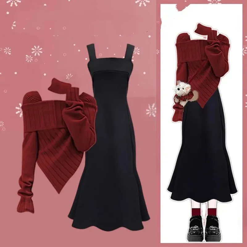 

Women's Autumn Winter Lucky Red Sweater Balck Dress Two Piece Set 2025 New Lady Slim Knit Tops Dresses Outfits Graceful Suits
