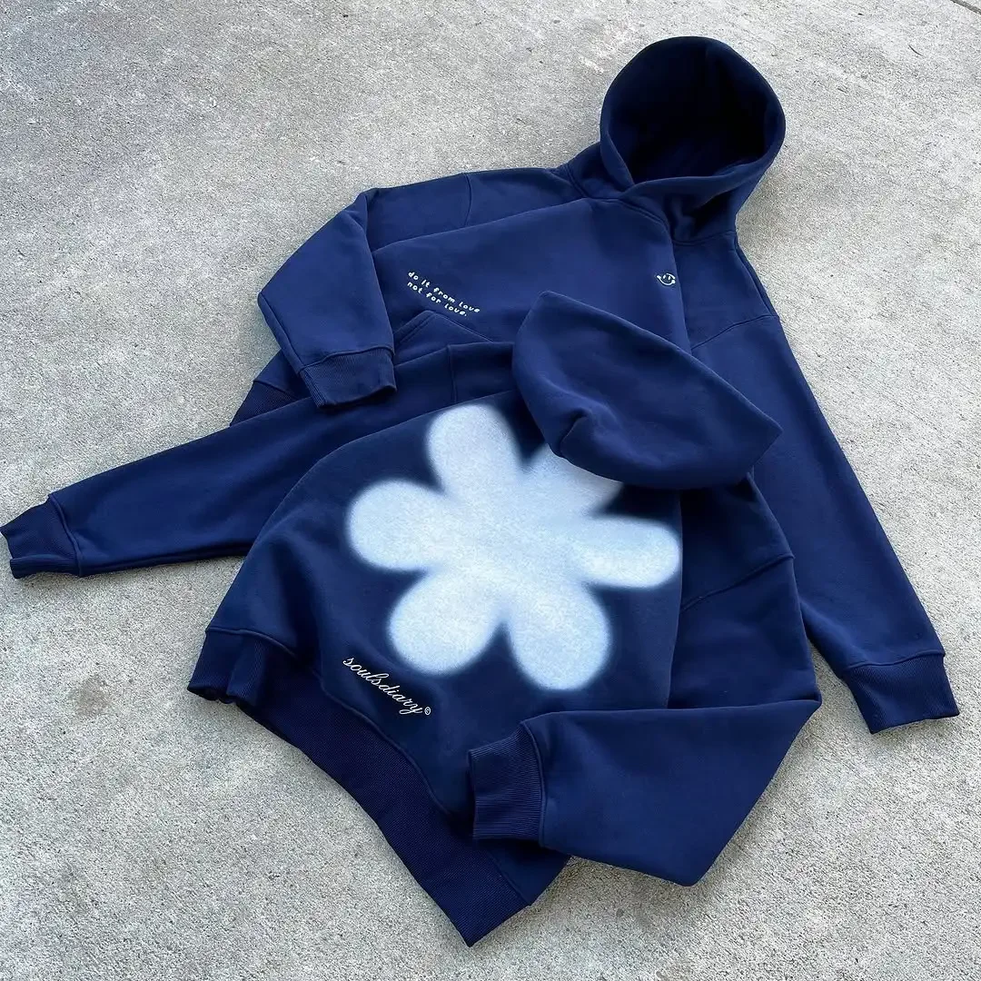 Y2K Harajuku Fashion Midnight Navy Blue Flower Printed Hoodie Sportswear Gothic Street Style Men Hoodie Street Wear Men Clothing