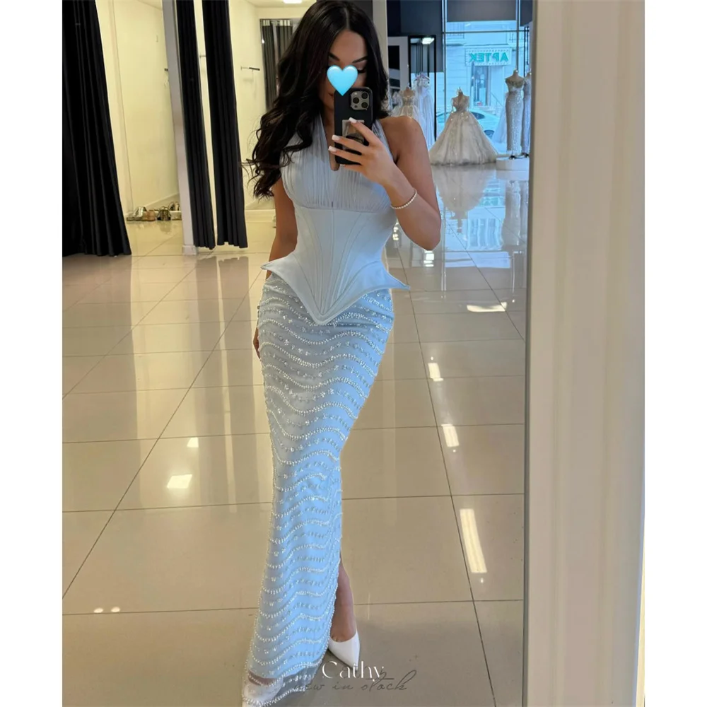 

Cathy Элегантное платье для выпускного вечера с бретелькой на шее и бисером, платье без рукавов, вечернее платье длиной до щиколотки, 2025 г.