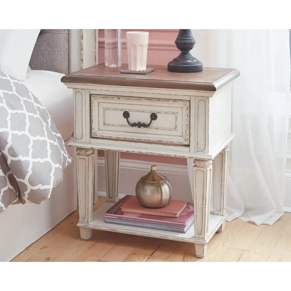 Realyn Traditional Cottage 1 Drawer Nightstand With Dovetail Construction & Open Display Shelf Bedroom Furniture Chipped White