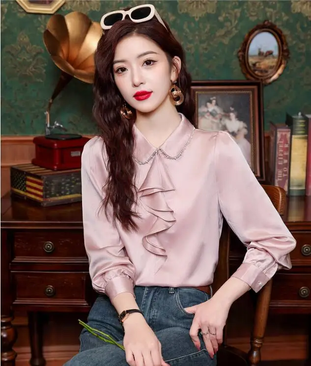 

National style lace up shirt sweet shirt women spring 2024 long sleeved shirt top