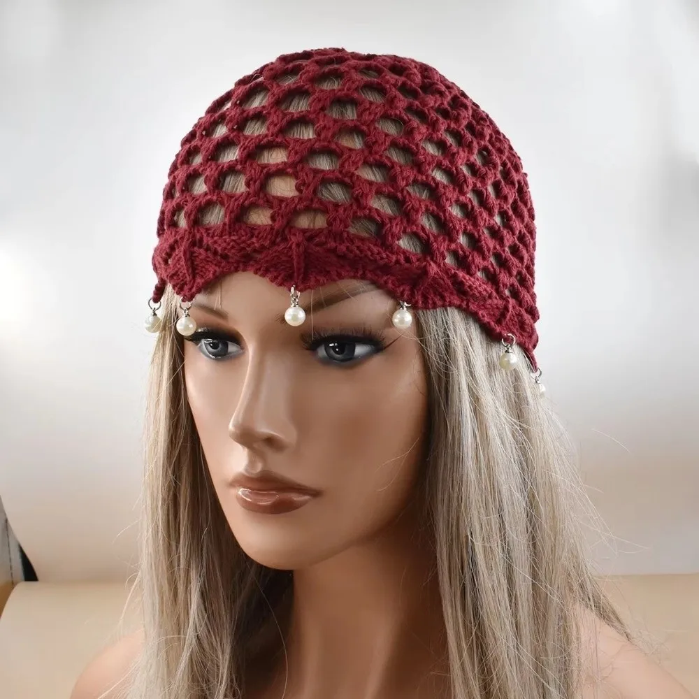 Hollow Out Crochet Knitted Hat Adjustable Beads Tassels Mesh Knitted Hat Decorative Design Handmade Charm Bohemian Cap Women