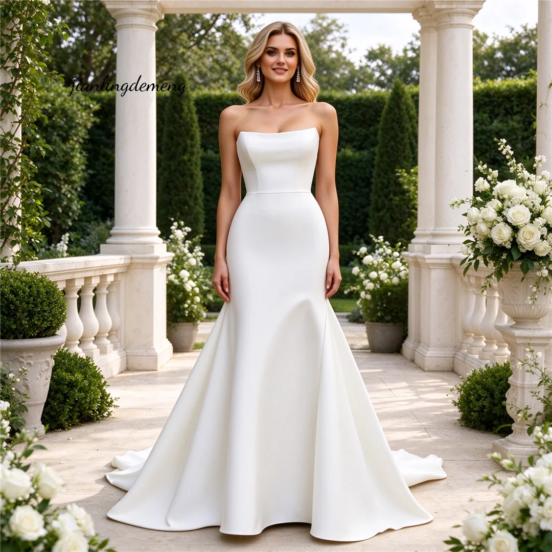 Timeless Wedding Dress White Silk Satin Strapless Straight Neck Mermaid Bridal Gown Sweeping Train Special Occasion Customized