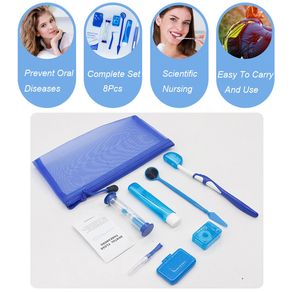 Kit d'outils de soins buccaux, Kit de voyage pour l'orthodontie, brosse à dents, cire de protection, soie dentaire, miroir buccal, brosse interdentaire, 8 pièces/ensemble