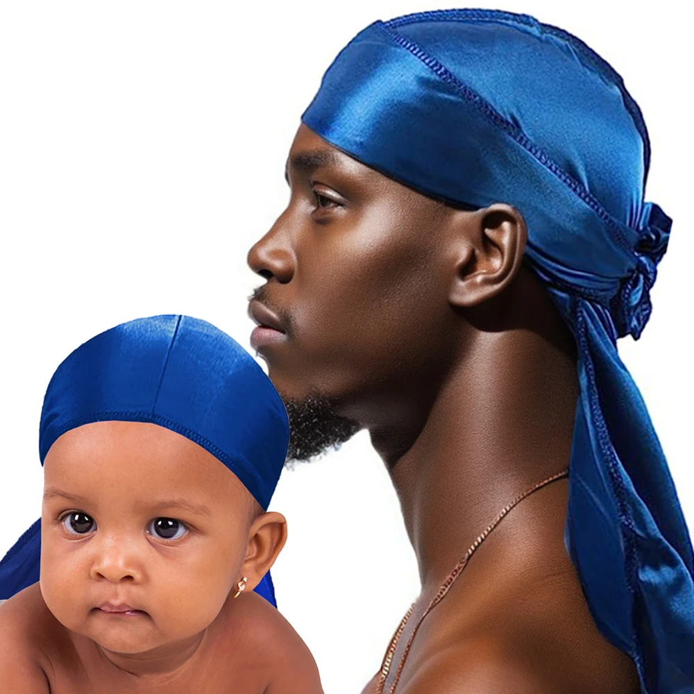 2PCS Adult Child Long Silky Durag Long Tail Silky Scarf Set Unisex Kids Durag Chemo Caps Skull Hat Turban Pirate Hat Headband