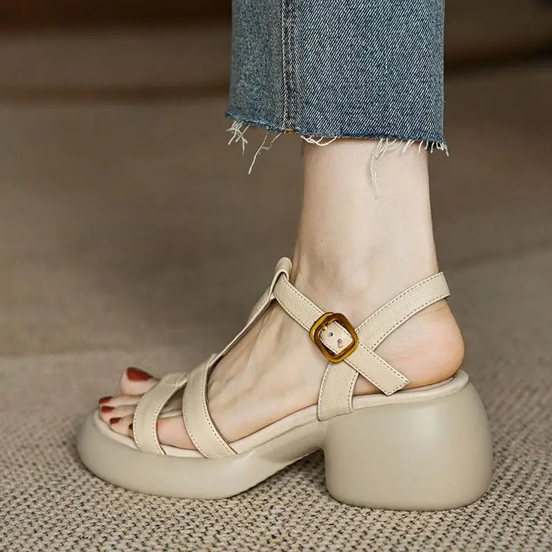 Sandalias French High Heel Sandal Women 2023 New PlatformThick Heel Sandals Soft Leather Sandal Retro Student Sandal Women Shoe