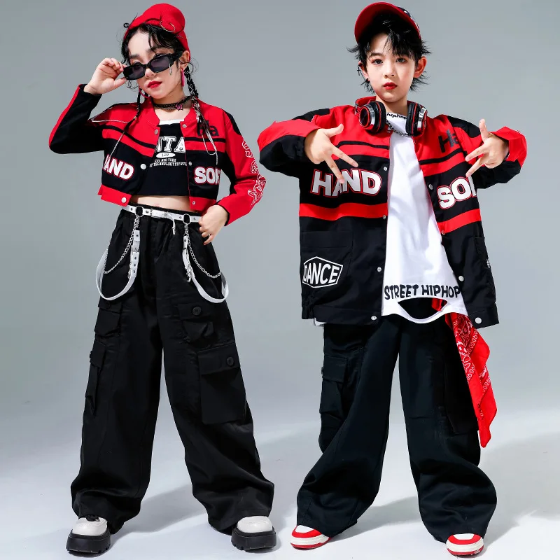 

Girls Street Dance Motorcycle Crop Jacket Cargo Pants Boys Hip Hop Contrast Coat Clothes Sets Kids Jazz Costume Child Streetwear