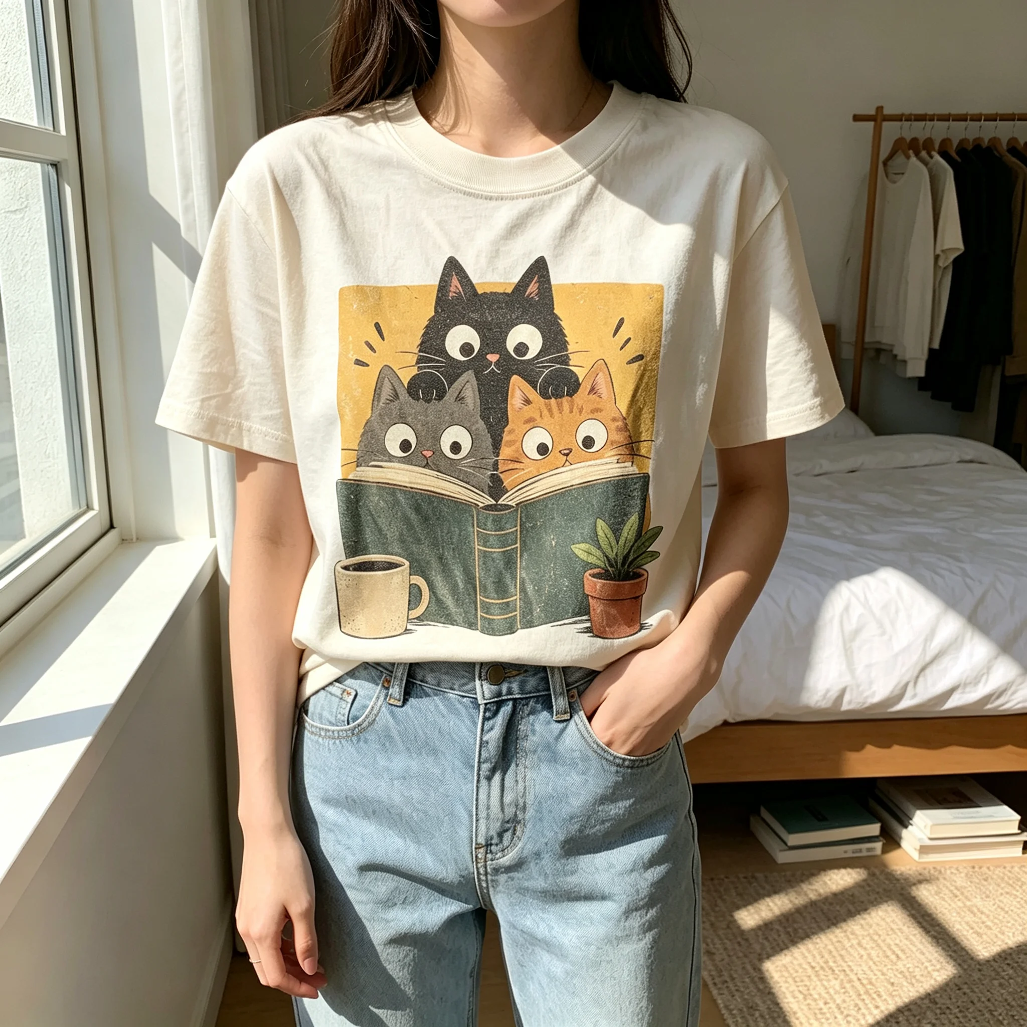 Cozy Three Reading Cats Graphic T‑Shirt Bookish Kittens Coffee Houseplant Vintage Print Casual Short‑Sleeve Tee for Book Lovers