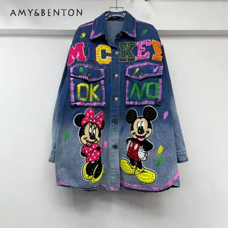

Spring Graffiti Letter Cartoon Loose Cool Denim Jacket Top Kawaii Mid-Length Shirt Y2k Long-sleeves Single-breasted Blusas Coat