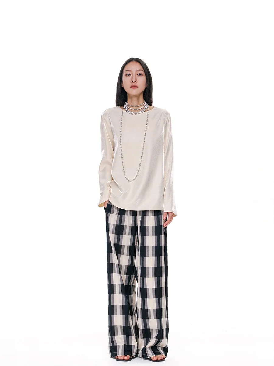

Lin Zhi Spring 2025 Plaid Comfortable Wide Leg Pants Women's Casual Trousers Original Sle l Waist Elastic Waist