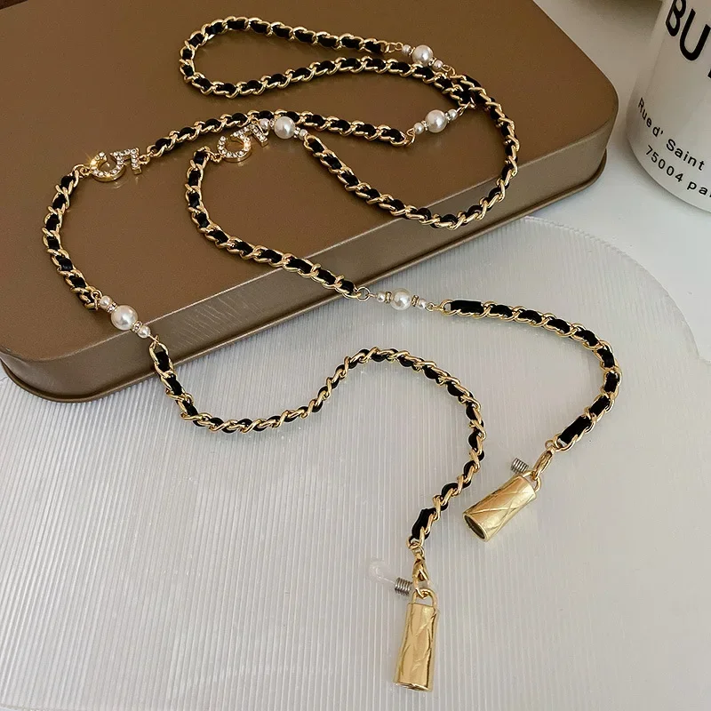 PU Twisted Long Chain Necklace for Women Classic Pearl  Necklaces -can hold Earphone