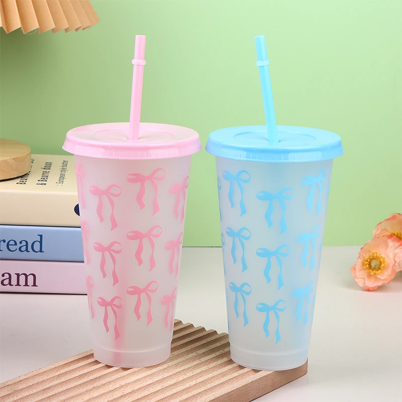 710ml Straw Lid Coffee Cup Juice Tea Cute Tumbler with Straw Plastic Cups Summer Gifts  Kawaii Bow Reusable Party Cups view 5